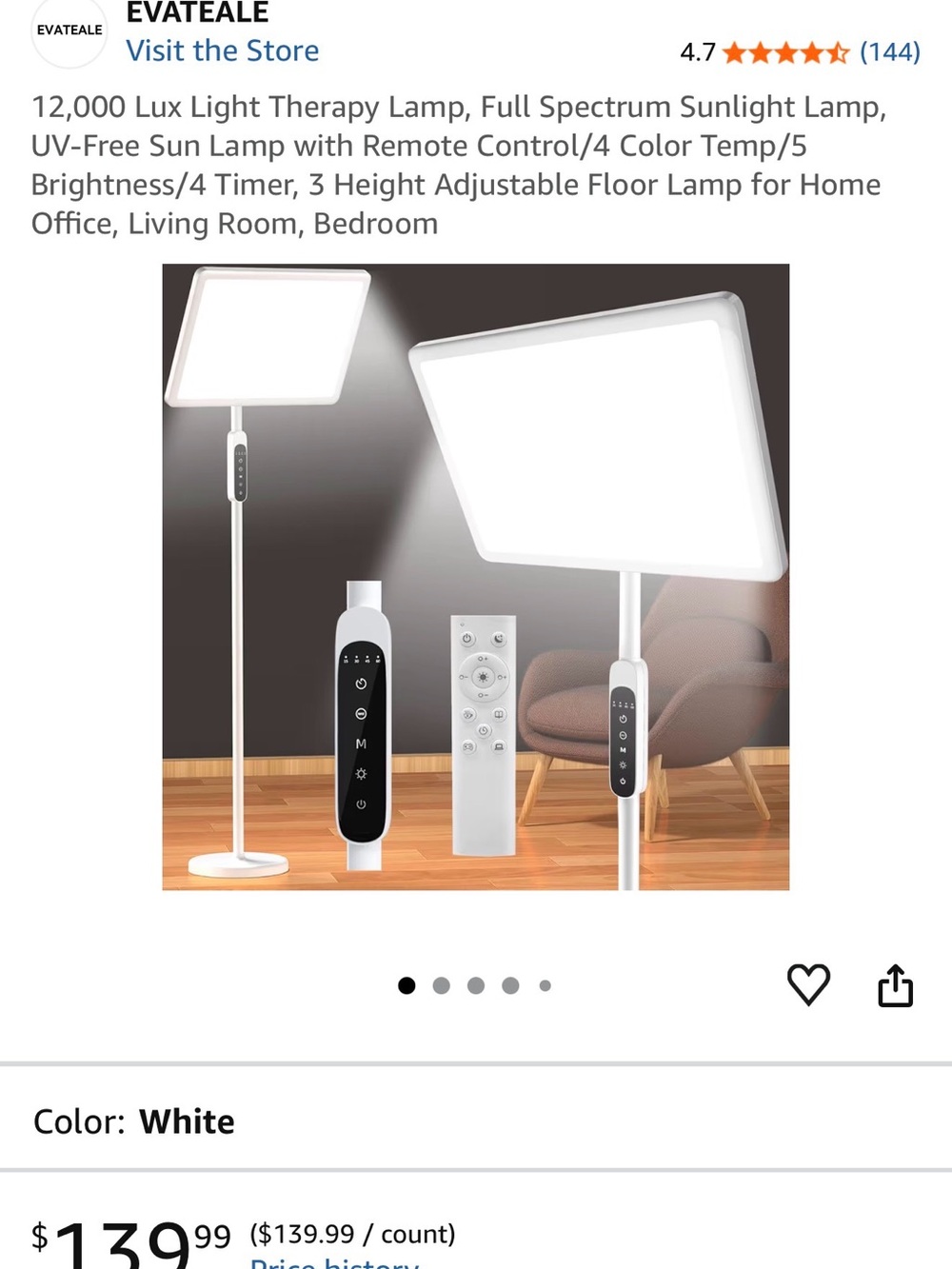 EVATEALE Full Spectrum LED Floor Lamp w/ Remote NIB